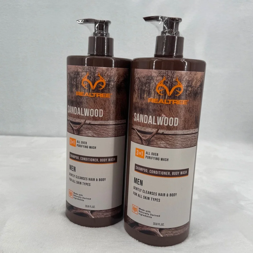 New 2pk Realtree Sandalwood Men 3-in-1 Shampoo Conditioner Body Wash 33.8oz Pump